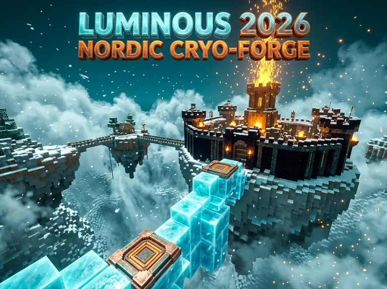 Svävande blocköar sammanbundna av smala broar och parkourblock av lysande is högt över en glaciärravin.