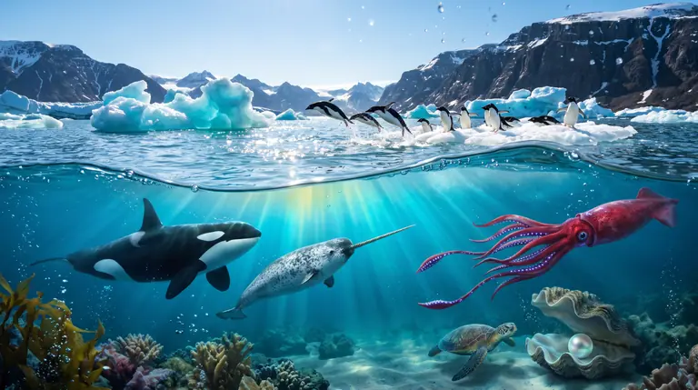 Delad bild ovan och under vattenytan i en solbelyst fjord där späckhuggare, narval och jättebläckfisk möts kring en skimrande pärla på havsbotten.