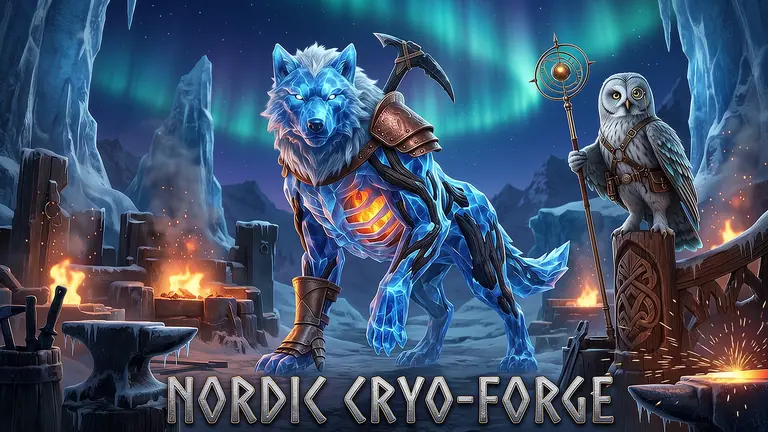 Isvargen Rimklo och ugglespejaren Vargia Glödspår vid glaciärsmedjan i Rimforn, omgivna av glödande ässjor, timmerbastioner och norrsken över blå isspiror.