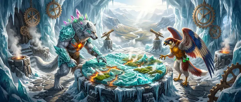 Isvargen Rimklo och Svalka Vargvinge studerar ett runt reliefbord av turkos glaciäris, glödande bärnstensmagma och grön mossa i ett utomhusobservatorium.