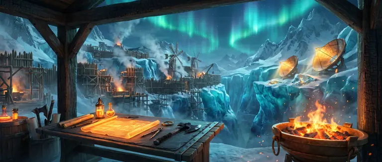 Panoramavy över Rimforns kalderasmedja med ritbord, kopparspeglar, väderkvarnar och norrsken över glaciärbergen.